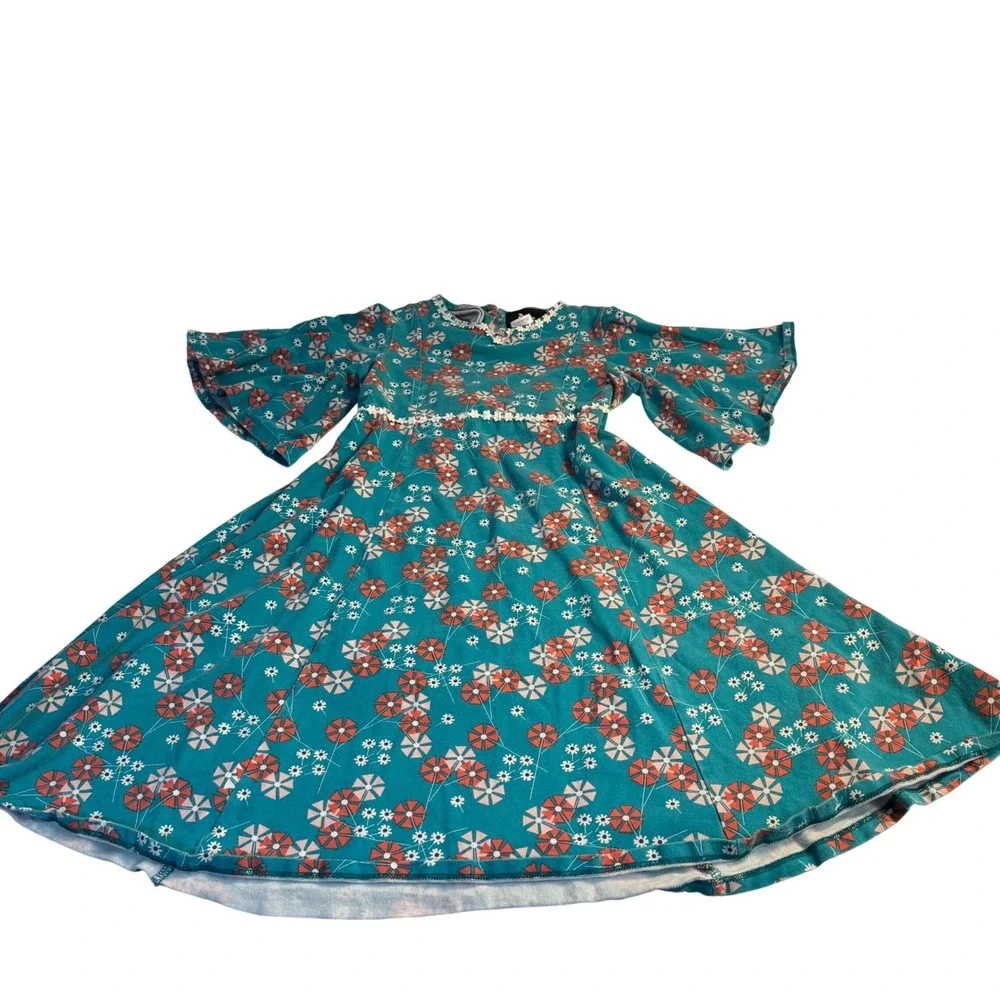 Llum Girls Teal Blue Floral Bell Sleeve Lace Trim Knit Dress Size 10